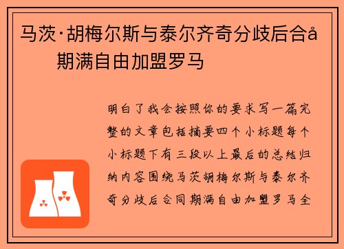 马茨·胡梅尔斯与泰尔齐奇分歧后合同期满自由加盟罗马